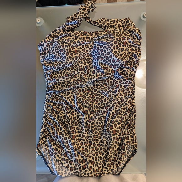 VINTAGE ESTHER WILLIAMS LEOPARD PRINT RUCHED HALTER ONE PIECE PIN UP SZ 16 W - Picture 6 of 12